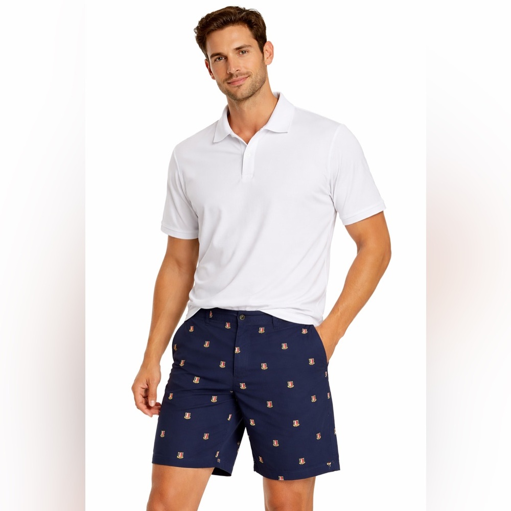 Tommy Hilfiger Men’s Navy Crest Print Shorts Size 34 Classic Fit Preppy Chino
